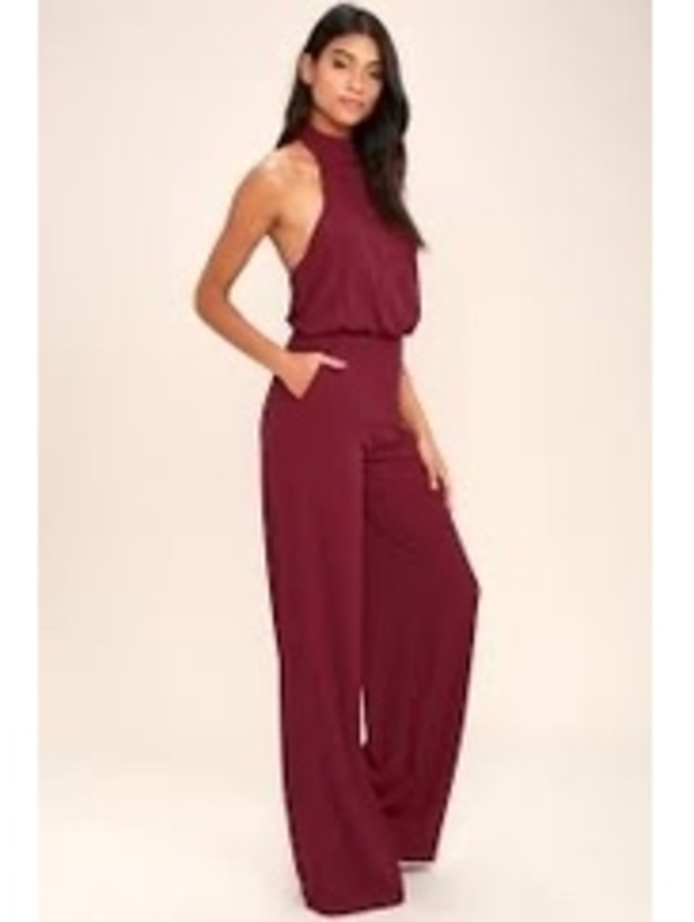 Lulus Small Burgundy Halter Top Wide Leg Jumpsuit